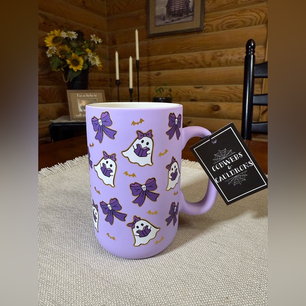 PURPLE BOW GHOST Reading Book HALLOWEEN Mug